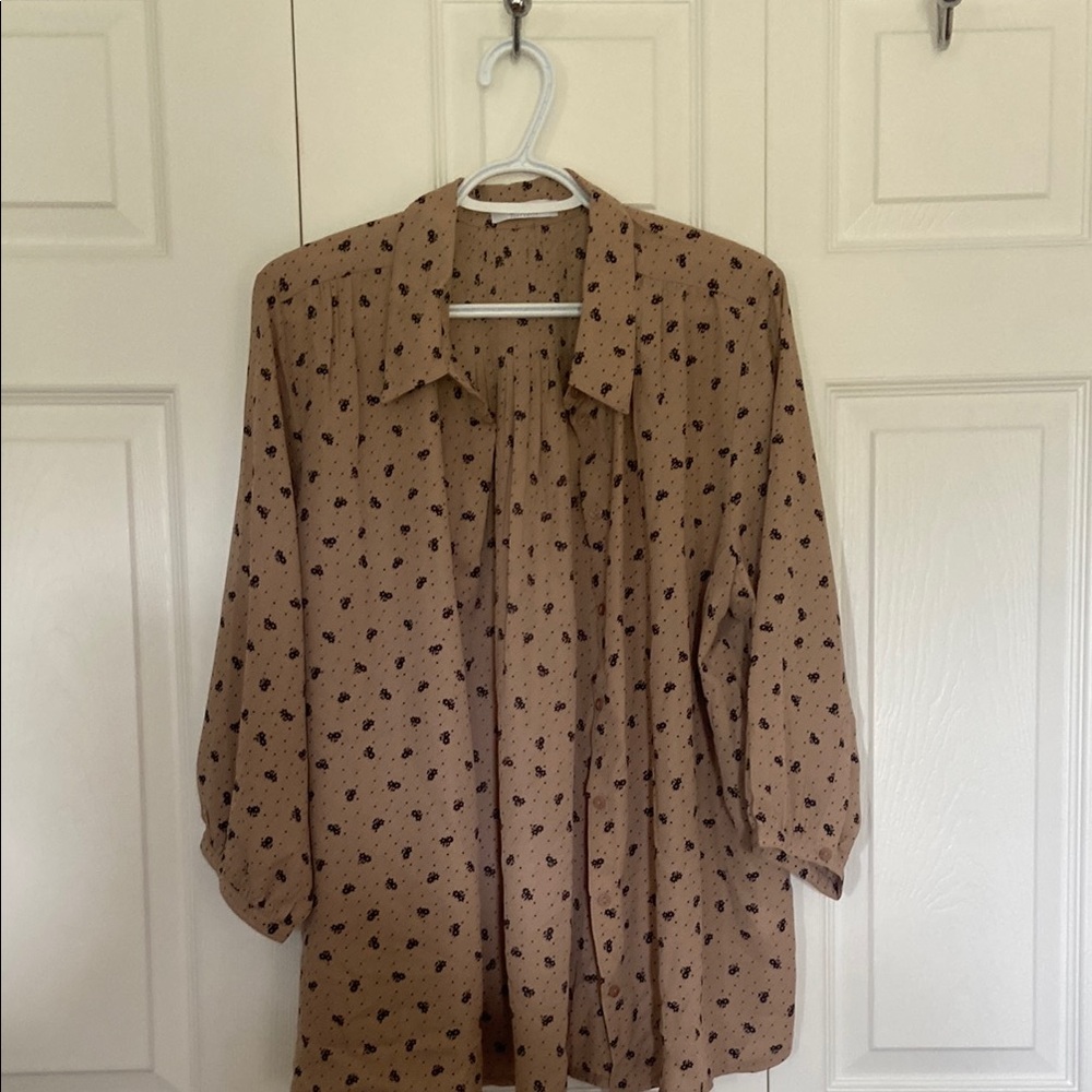 Women's Tan Blouse with Black flowers